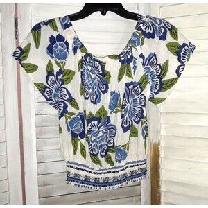 Rachel Zoe Women's Blouse Size Small Blue Floral Off Shoulder Top Peasant Hippie